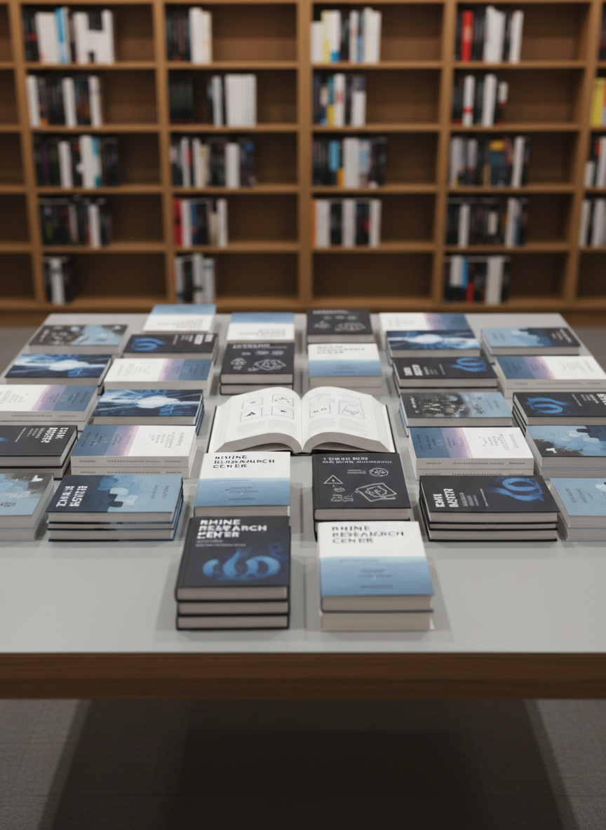 A meticulously organized bookstore display table for the Rhine Research Center, covered in a smooth, light gray surface with clean edges and a matte finish. Neatly stacked parapsychology books with crisp, modern covers in neutral blues, charcoals, and whites form a precise grid, with a single open hardcover in the center showing diagrams of ESP experiments. In the background, built‑in shelving with evenly spaced rows of coordinated book spines fades into a gentle blur. Soft, diffused overhead lighting creates minimal shadows and subtle reflections on glossy covers, reinforcing a calm, professional, corporate atmosphere. Shot at eye level with balanced, symmetrical composition and photographic realism, emphasizing clean lines, structured layout, and a neutral, contemporary palette.